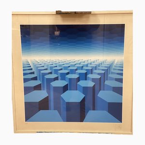 Yvaral, 50 sfumature di blu, anni '70, Silk-Screen, con cornice