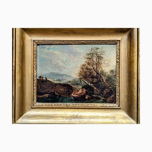 Landschaft mit Mann und Esel, 1800er, Öl auf Holz, Gerahmt