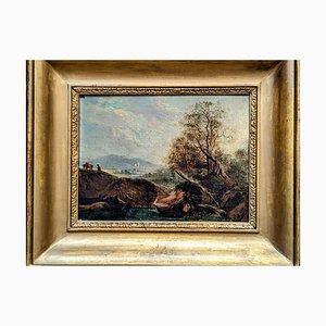 Paisaje con hombre y burro, década de 1800, óleo sobre madera, enmarcado