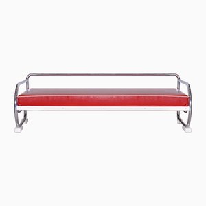 Bauhaus Sofa in Chrome-Plated Steel and Red Leather attributed to Robert Slezák, Former Czechoslovakia, 1950s
