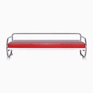 Rotes Bauhaus Sofa aus verchromtem Stahl & hochwertigem Leder, Robert Slezák zugeschrieben, Tschechisch, 1950er