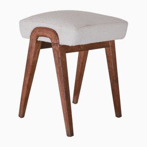 Midcentury Spanish Stool in Oak and White Textile, 1960s