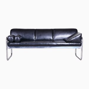 Divano Bauhaus tubolare nero in acciaio cromato e pelle di alta qualità attribuito a Hynek Gottwald, Repubblica Ceca, anni '30