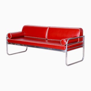 Bauhaus Czech Red Tubular Sofa in Chrome-Plated Steel & High Quality Leather attributed to Hynek Gottwald, Czech, 1930s