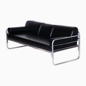 Bauhaus Black Tubular Sofa in Chrome-Plated Steel & High Quality Leather attributed to Hynek Gottwald, Czech, 1930s