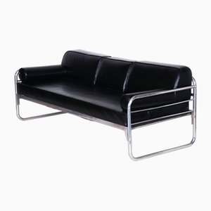 Canapé Bauhaus Noir Tubulaire en Acier Plaqué Chrome & Cuir de Haute Qualité attribué à Hynek Gottwald, République Tchèque, 1930s