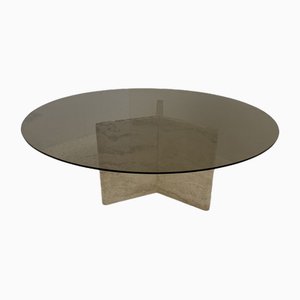Travertine and Smoked Glass Side Table, Italy, 1980s
