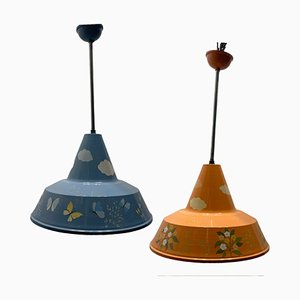 Italian Hand Painted Metal Light Pendants, 1980s, Set of 2