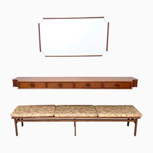 Vintage Entryway Set with Wall Mirror, Walnut Console and Bench attributed to Brugnoli, Italy, 1950s, Set of 3