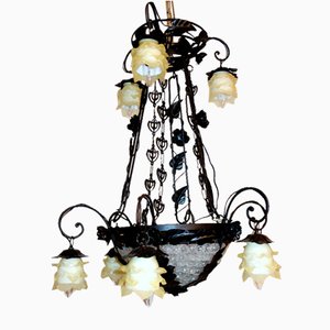 Antique French Black Patinated Metal and Glass Chandelier, 1940s