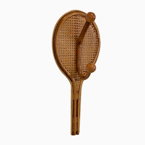 Appendiabiti a forma di racchetta da tennis in bambù e vimini, anni '70