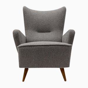 Large Grey Boucle Fabric Wingback Armchair, Italy, 1950s