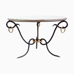 Wrought Iron and Onyx Top Round Coffee Table attributed to René Drouet, 1940s