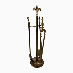 Neoclassical Brass Fireplace Tools with Lily Flowers, Set of 4