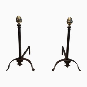 Wrought Iron Chenets and Brass, 1950s, Set of 2
