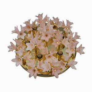 Italian 6-Light Flush Mount in Brass with Light Pastel Pink Murano Glass Flowers, 1970s