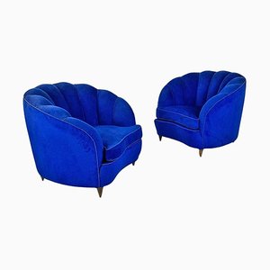 Italian Shell Armchairs in Electric Blue Fabric and Wooden Legs, 1950s, Set of 2