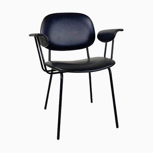 Modern Italian Chair in Metal and Black Leather with Arms, 1960s