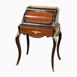 Reverso francés Napoleón III antiguo en maderas exóticas preciosas con prendas de bronce dorado