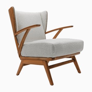 Fauteuil à Oreilles en Bois et Tissu Bouclé Blanc, Italie, 1950s