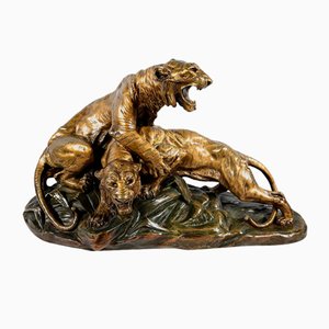 Bronze Combat de Tigres von E. Drouot, 1890er