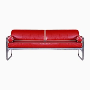 Bauhaus Red Tubular Sofa in Chrome-Plated Steel & Leather attributed to Hynek Gottwald, 1930s