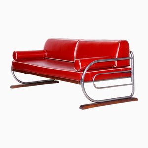 Bauhaus Red Sofa in Chrome-Plated Steel & High Quality Leather attributed to Robert Slezák, Czech, 1930s