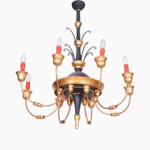 Empire Chandelier in Carved Pear, Steel & Gold Leaves, Austria, 1800s