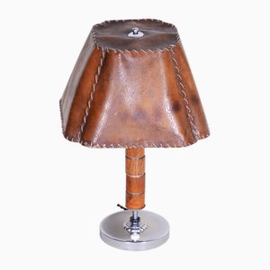 Art Deco Table Lamp in Walnut, Chrome-Plated Steel & Parchment Paper, Czech, 1920s