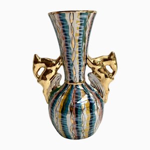 Vintage Baroque Ceramic Vase with Deer Stag Shape Handles from H.Bequet, Belgium, 1960s