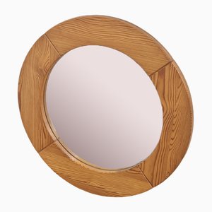 Vintage Scandinavian Pine Wood Round Mirror, 1970s