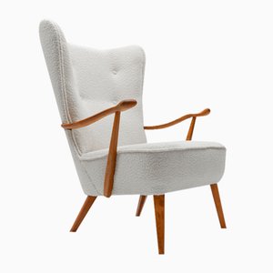 Poltrone Wingback grandi in tessuto bouclé grigio con braccioli ergonomici, anni '50