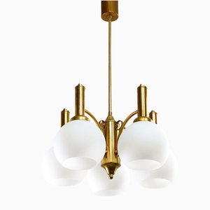 Mid-Century Italian Brass and Opaline Chandelier