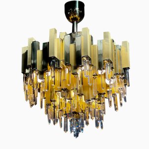 Large Prismatic Crystal Chandelier in Golden Brass from Bd Lumica, 1970s