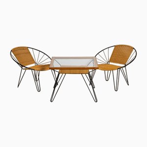 Fauteuils en Métal et Rotin avec Table en Verre et Métal, République Tchèque, 1960, Set de 2