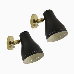 Mid-Century Brass and Black Adjustable Wall Lamps, 1950s, Set of 2