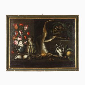 Bodegón con caza, espárragos, castañas y flores, década de 1800, óleo sobre lienzo