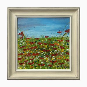 Angela Wakefield, Red Poppy Flowers in a Wild Green Meadow with a Blue Sky, 2023, Acrylique sur Toile