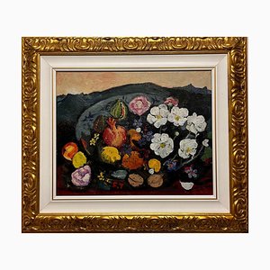 Francesco Tabusso, Fiori e frutta, Oil Painting, 1998, Framed