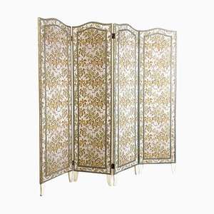 Italian Floral Fabric Folding Screen with Wooden Feet, 1940s
