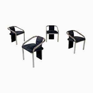 Italienische Moderne Stühle aus dunkelblauem Samt & verchromtem Metall, 1980er, 4 . Set