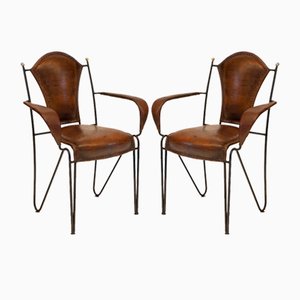 Mid-Century French Leather & Iron Armchairs in the style of Jacques Adnet, 1950s, Set of 2