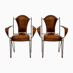 Mid-Century French Leather & Iron Armchairs in the style of Jacques Adnet, 1950s, Set of 4