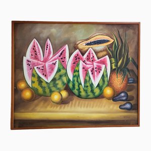 Artista della scuola spagnola, Natura morta con cocomeri e papaia, anni '80, Olio su tela