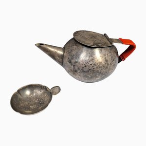 Bauhaus Silver-Plated Teapot and Tea Strainer, WMF, 1950s, Set of 2