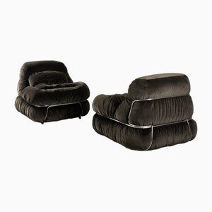 Brown Velvet Armchairs with Metal Structure, 1970s, Set of 2