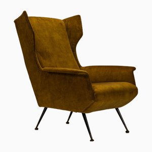 Italian Wingback Lounge Chair in Ocher and Metal, Italy, 1950s