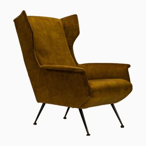 Poltrona Wingback in ocra e metallo, Italia, anni '50