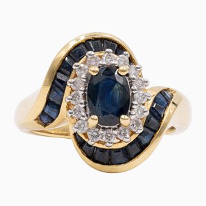 18 Karat Yellow Gold Ring with Diamonds and Sapphires, 1970s
