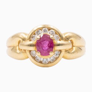 18 Karat Yellow Gold Ring with Ruby ​​and Diamond, 1970s